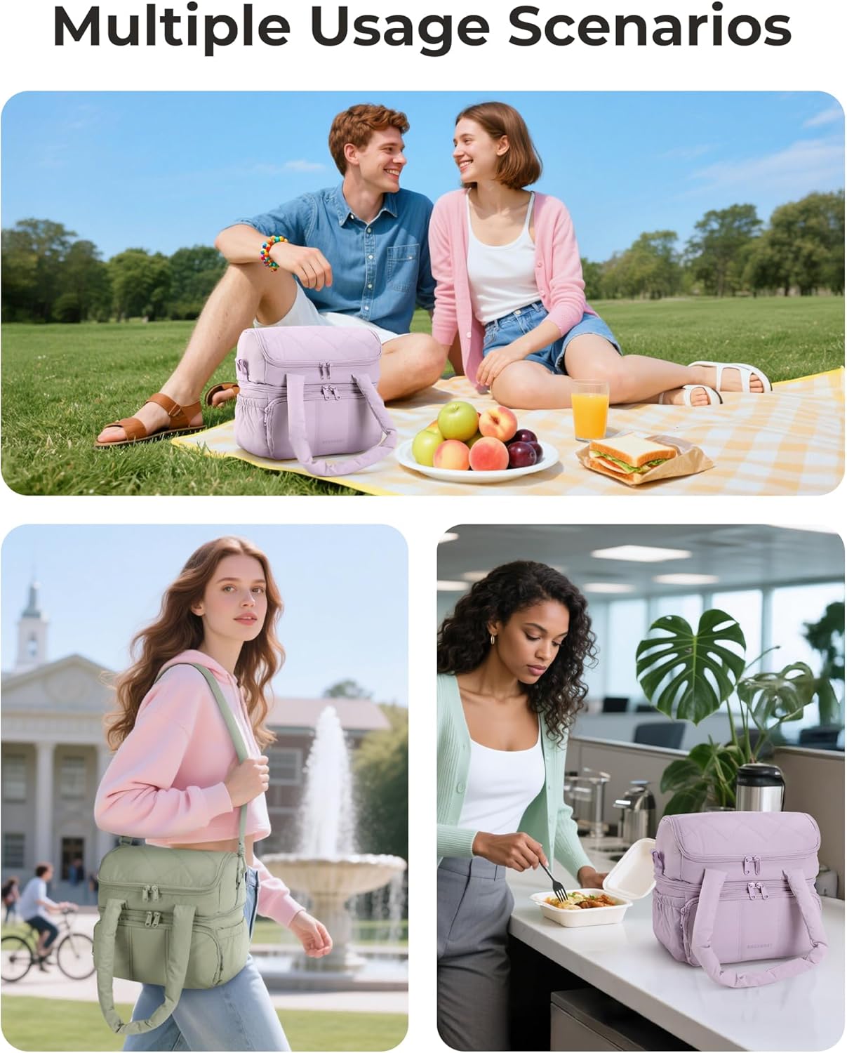 FYsuper Lunch Bag Women, Double Deck Insulated Lunch Box, Quilted Puffer Lunch Tote, Leakproof, Durable & Reusable Large Lunch Cooler