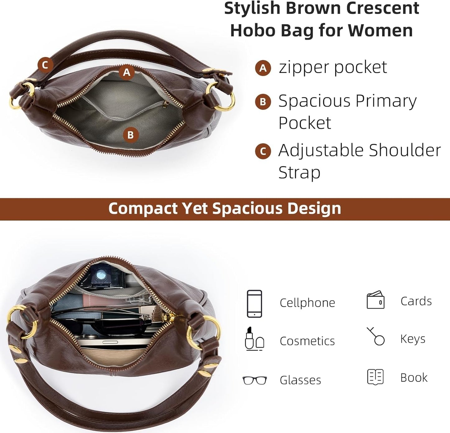 Shoulder Bags for Women Small Hobo Bags Crescent Shaped Cute Retro Tote Handbag Mini Clutch Purse with Zipper Closure