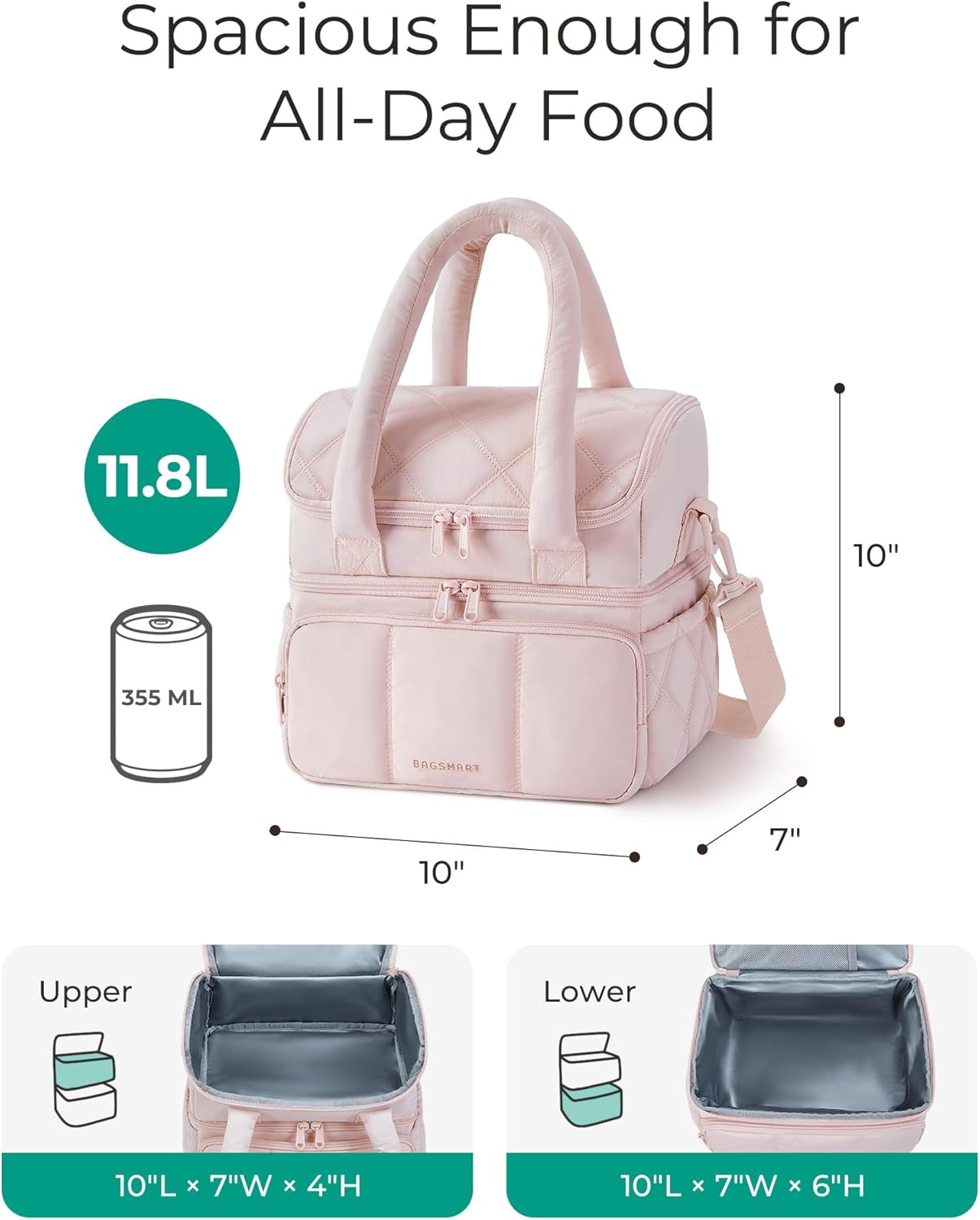 FYsuper Lunch Bag Women, Double Deck Insulated Lunch Box, Quilted Puffer Lunch Tote, Leakproof, Durable & Reusable Large Lunch Cooler
