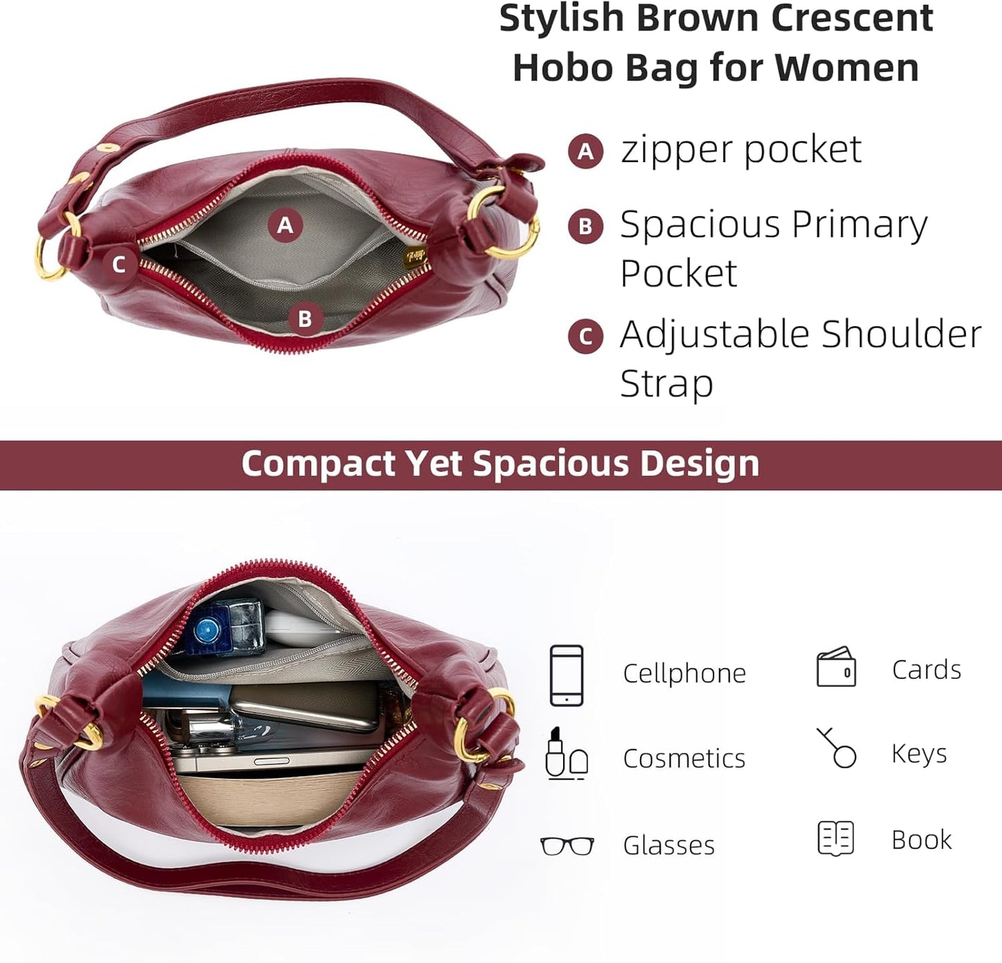 Shoulder Bags for Women Small Hobo Bags Crescent Shaped Cute Retro Tote Handbag Mini Clutch Purse with Zipper Closure