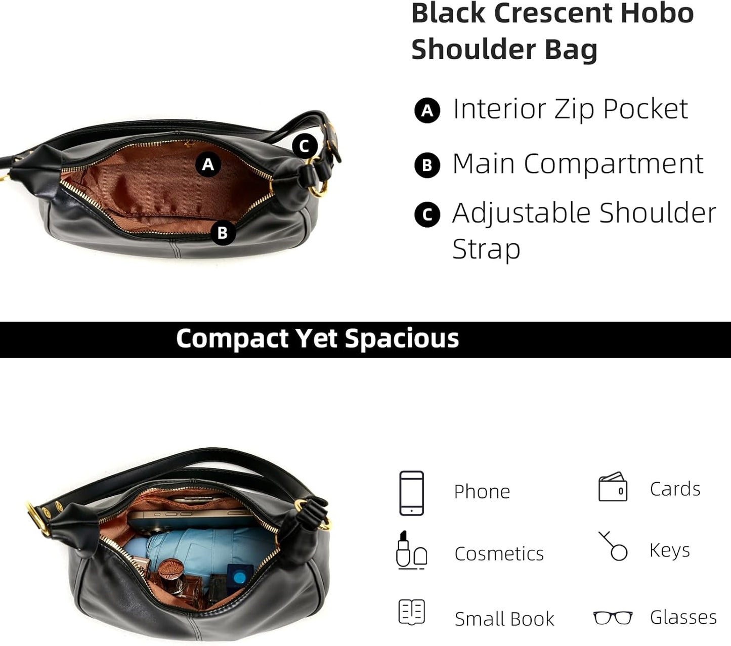 Shoulder Bags for Women Small Hobo Bags Crescent Shaped Cute Retro Tote Handbag Mini Clutch Purse with Zipper Closure