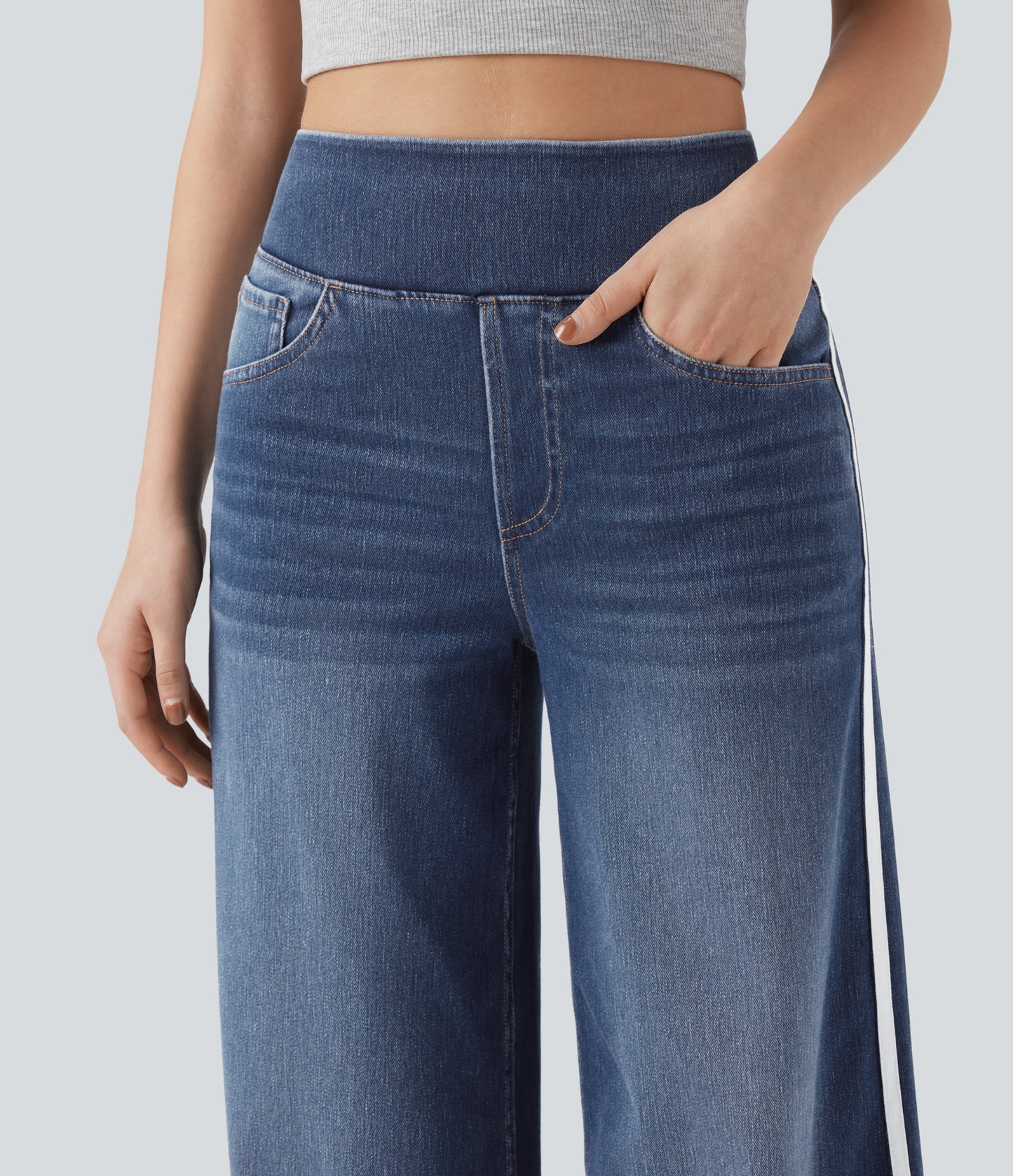 FYsuper-High Waisted Stripe Wide Leg Flowy Washed Casual Jeans with Pockets