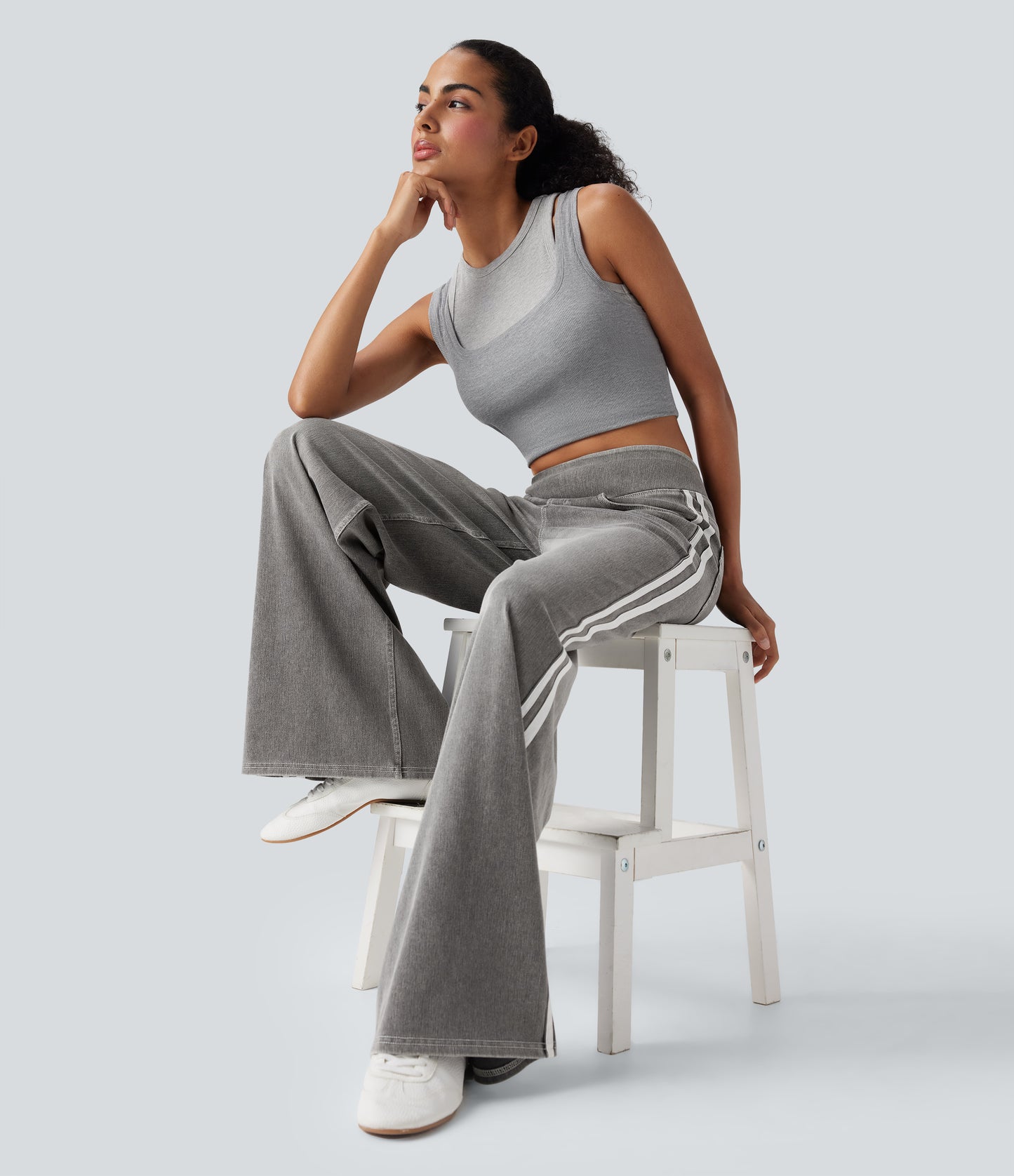 FYsuper-High Waisted Stripe Wide Leg Flowy Washed Casual Jeans with Pockets