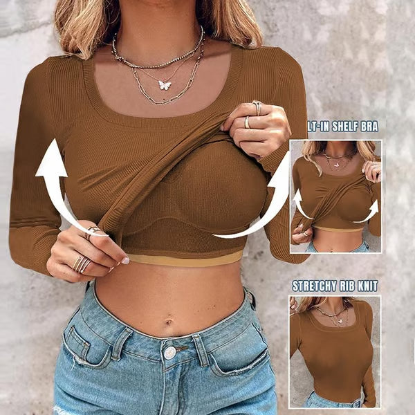 š„Neck Built-in Bra Long Sleeve Ribbed Top Shirts Elegant Skinny Fit Fabricš„