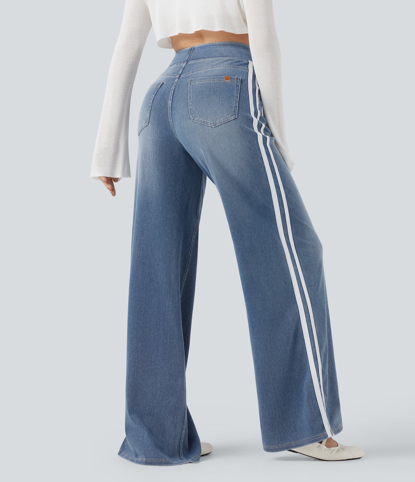 FYsuper-High Waisted Stripe Wide Leg Flowy Washed Casual Jeans with Pockets