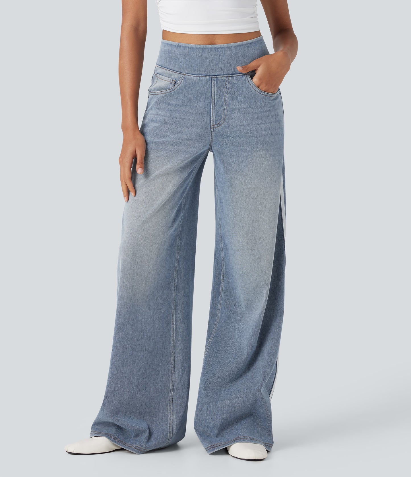 FYsuper-High Waisted Stripe Wide Leg Flowy Washed Casual Jeans with Pockets