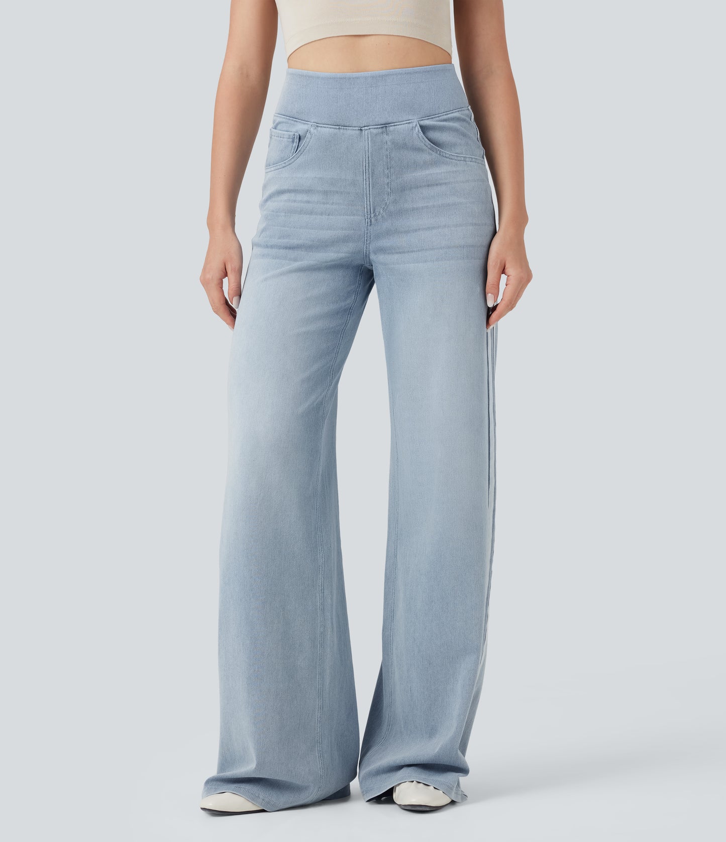 FYsuper-High Waisted Stripe Wide Leg Flowy Washed Casual Jeans with Pockets