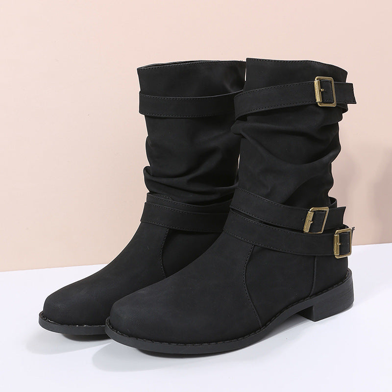 Women's Matte PU Buckle-Detailed Slouch Boots - Crushed Texture Stacked Mid-Calf Flat Boots (US 5-10.5)