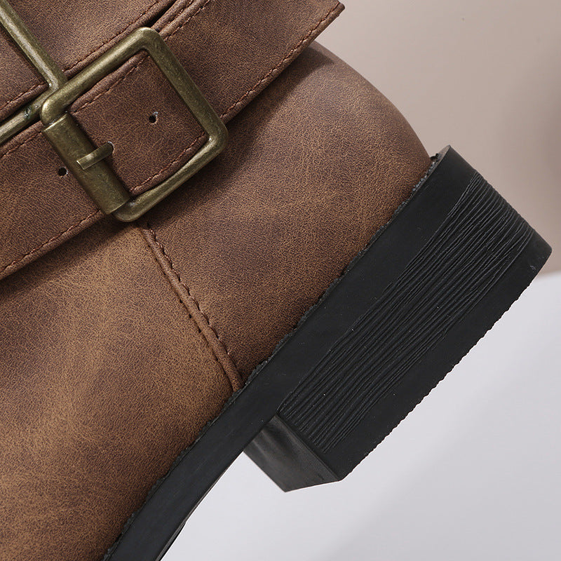 Women's Matte PU Buckle-Detailed Slouch Boots - Crushed Texture Stacked Mid-Calf Flat Boots (US 5-10.5)