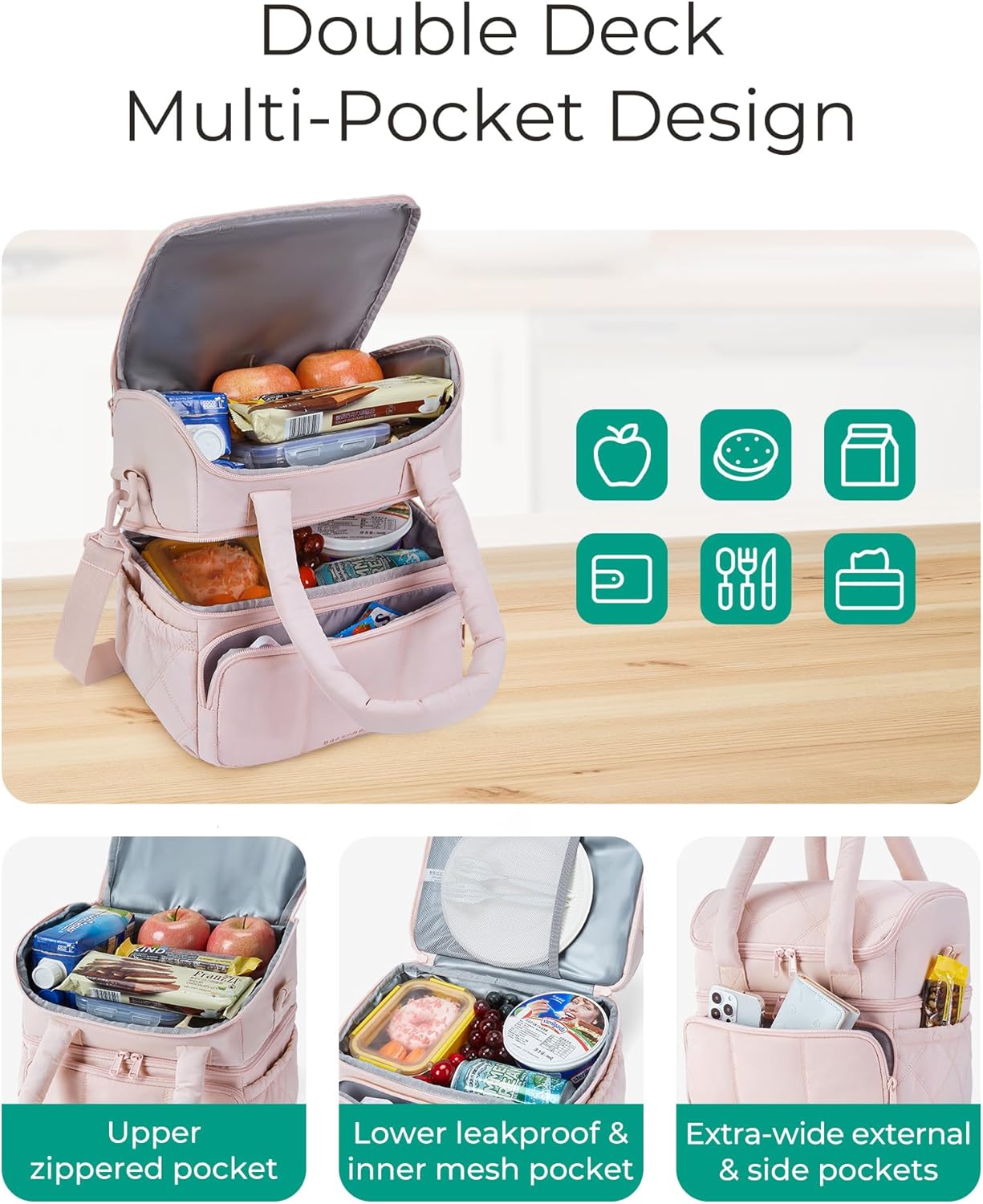 FYsuper Lunch Bag Women, Double Deck Insulated Lunch Box, Quilted Puffer Lunch Tote, Leakproof, Durable & Reusable Large Lunch Cooler
