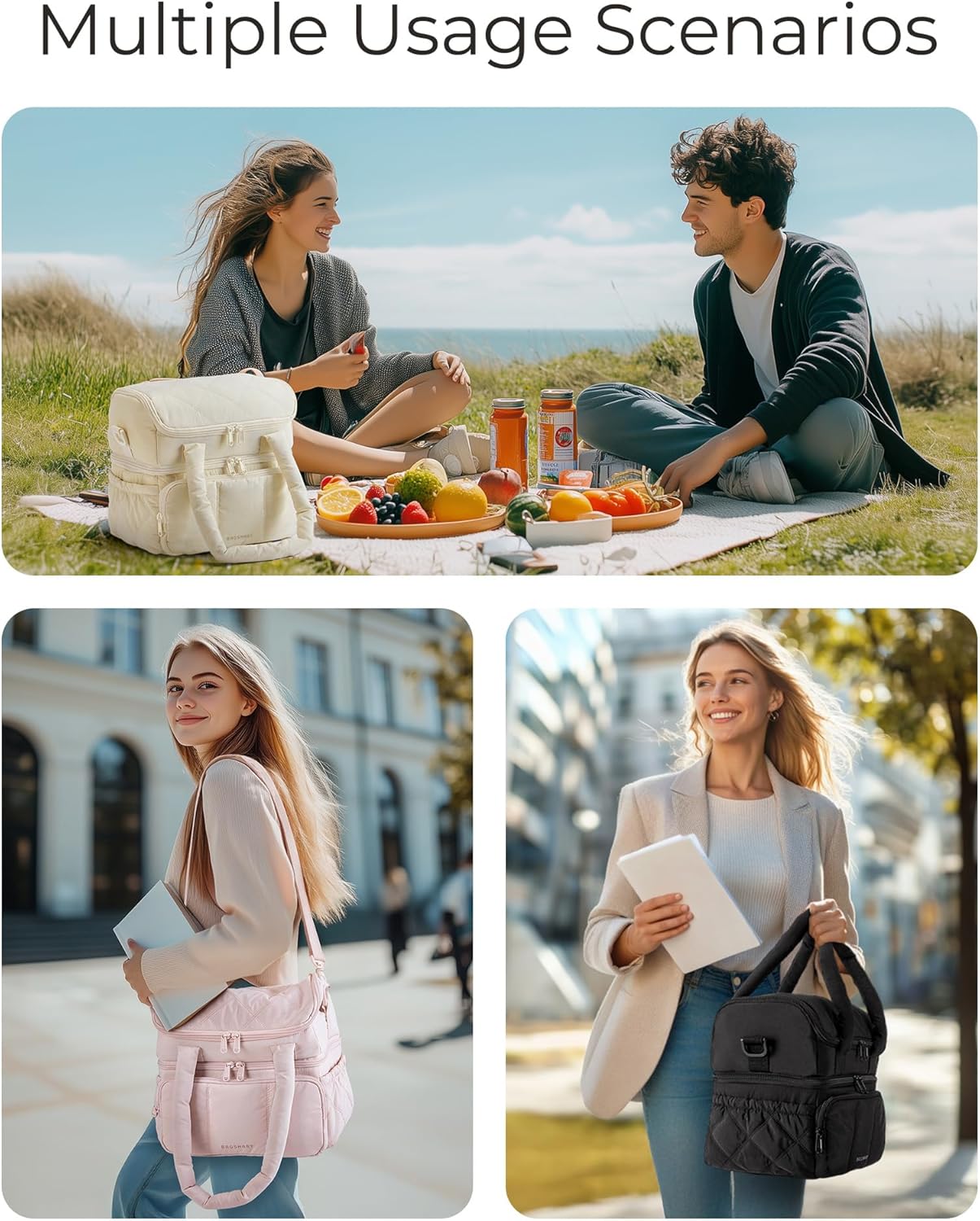 FYsuper Lunch Bag Women, Double Deck Insulated Lunch Box, Quilted Puffer Lunch Tote, Leakproof, Durable & Reusable Large Lunch Cooler