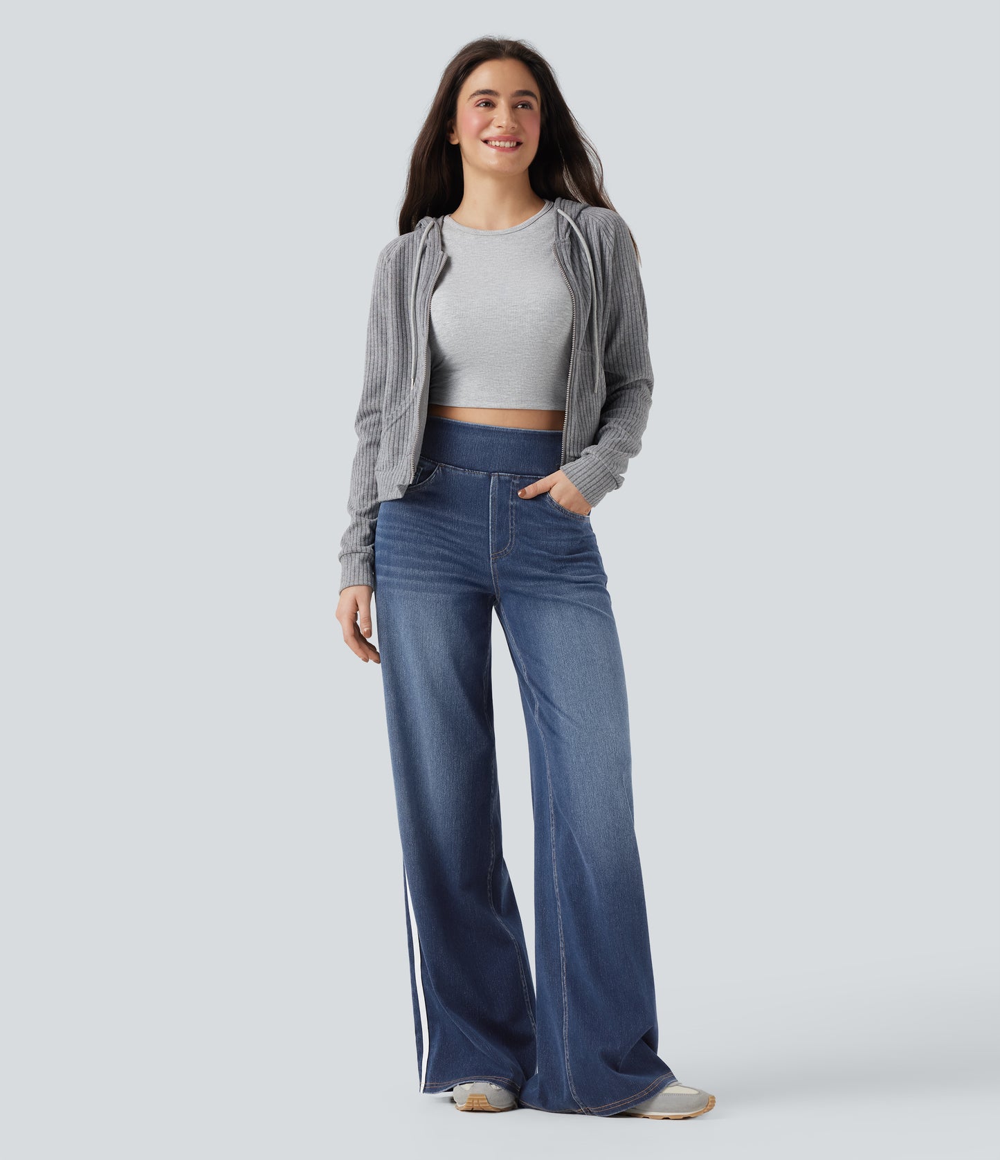 FYsuper-High Waisted Stripe Wide Leg Flowy Washed Casual Jeans with Pockets