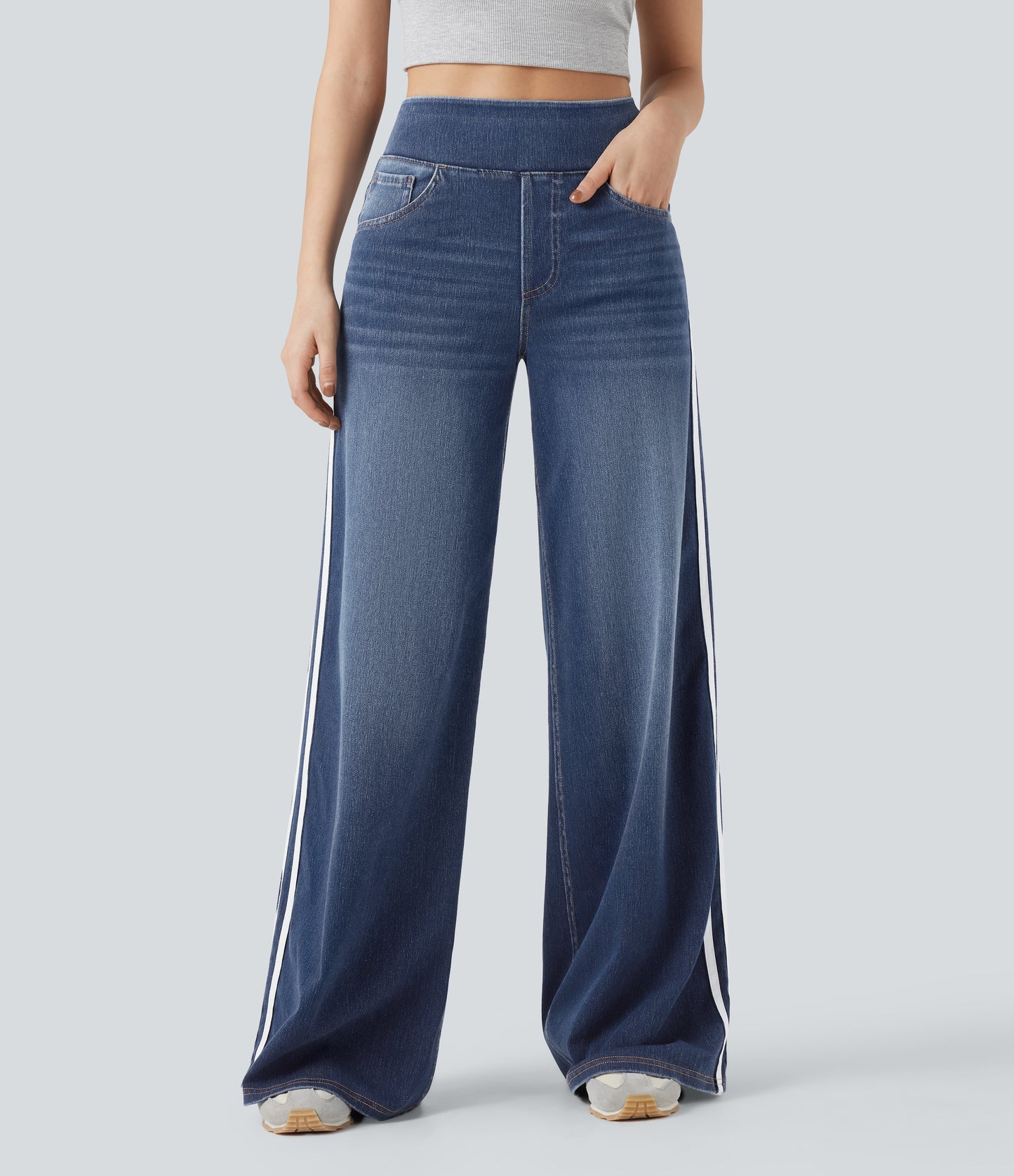 FYsuper-High Waisted Stripe Wide Leg Flowy Washed Casual Jeans with Pockets