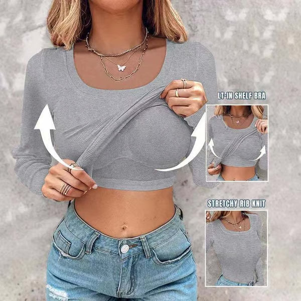 š„Neck Built-in Bra Long Sleeve Ribbed Top Shirts Elegant Skinny Fit Fabricš„