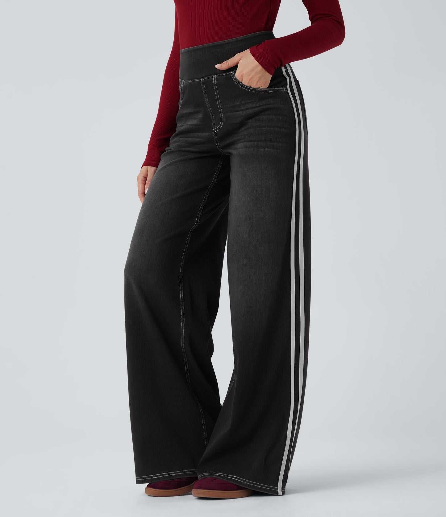 FYsuper-High Waisted Stripe Wide Leg Flowy Washed Casual Jeans with Pockets
