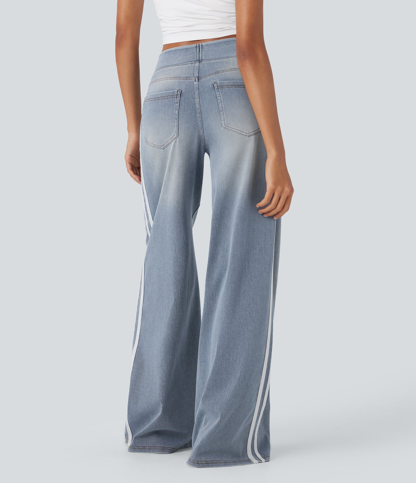 FYsuper-High Waisted Stripe Wide Leg Flowy Washed Casual Jeans with Pockets