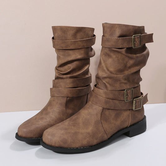 Women's Matte PU Buckle-Detailed Slouch Boots - Crushed Texture Stacked Mid-Calf Flat Boots (US 5-10.5)