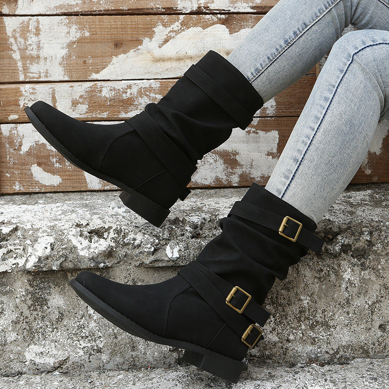 Women's Matte PU Buckle-Detailed Slouch Boots - Crushed Texture Stacked Mid-Calf Flat Boots (US 5-10.5)