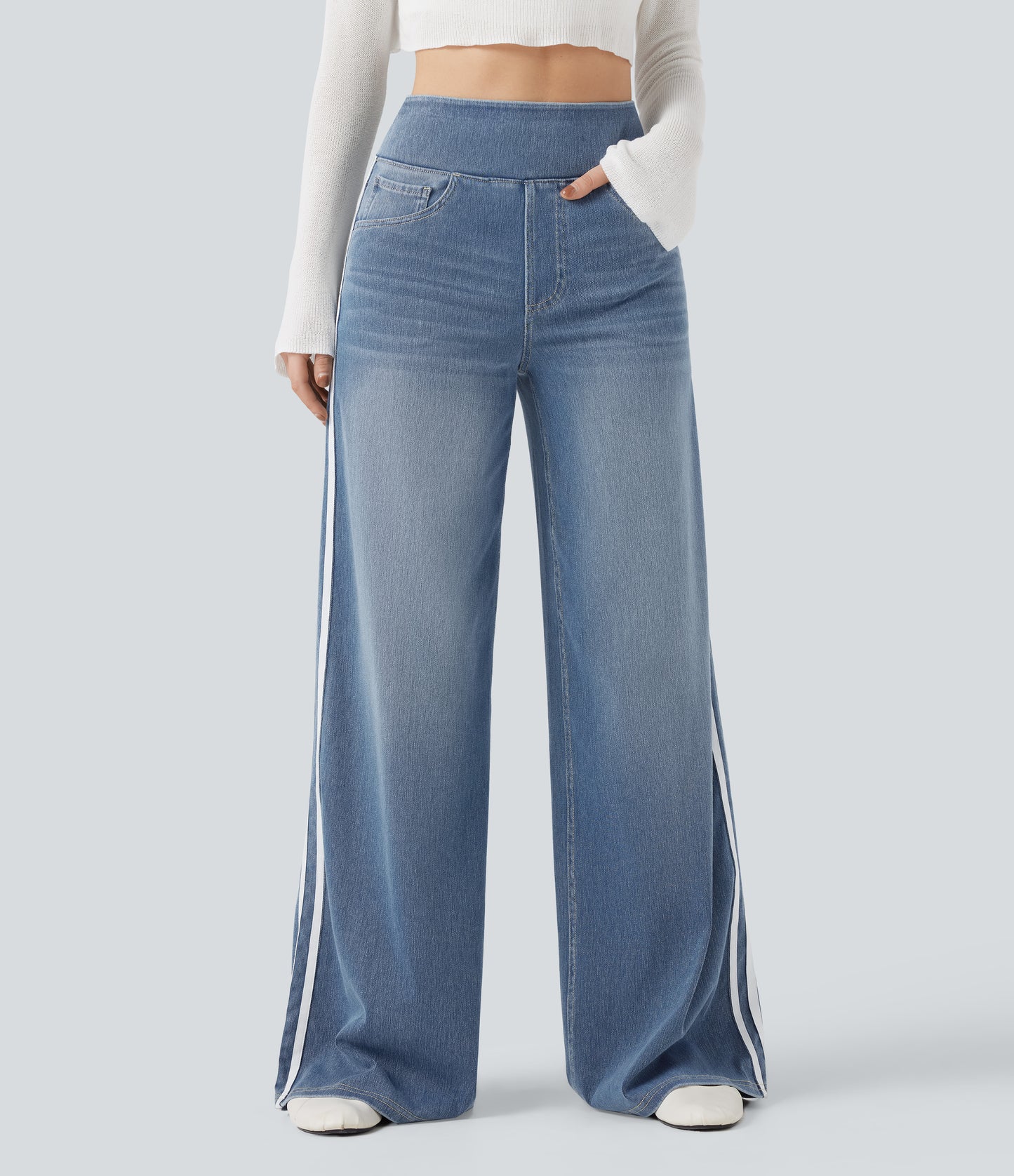 FYsuper-High Waisted Stripe Wide Leg Flowy Washed Casual Jeans with Pockets