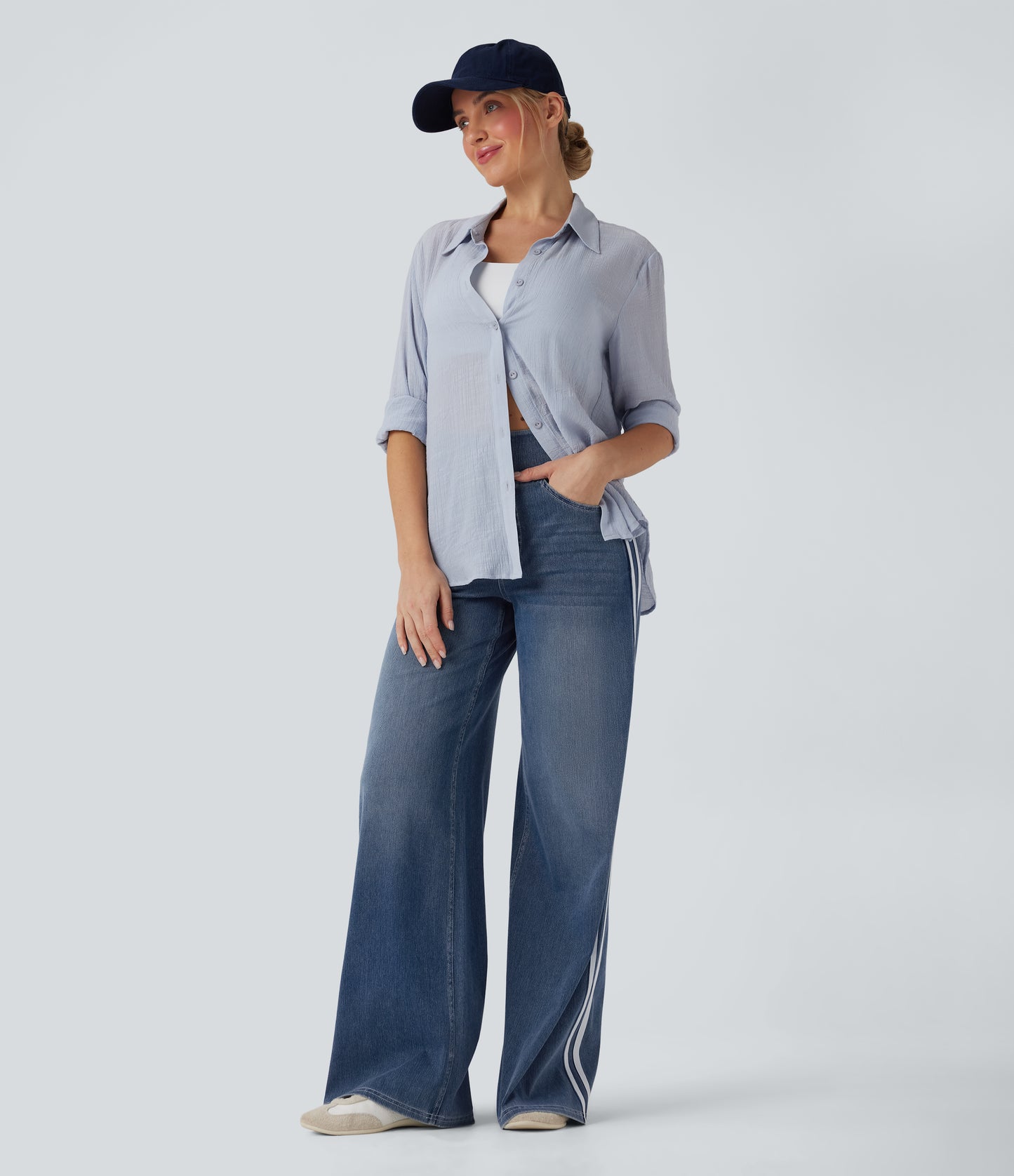 FYsuper-High Waisted Stripe Wide Leg Flowy Washed Casual Jeans with Pockets