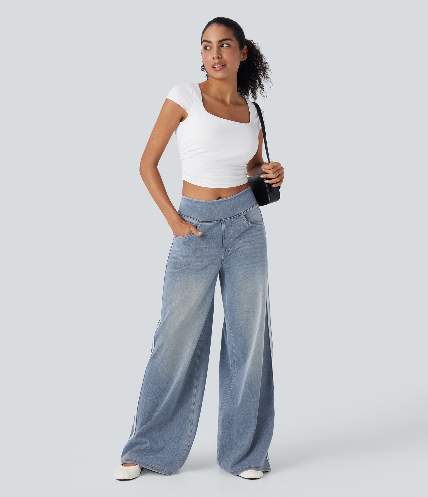 FYsuper-High Waisted Stripe Wide Leg Flowy Washed Casual Jeans with Pockets