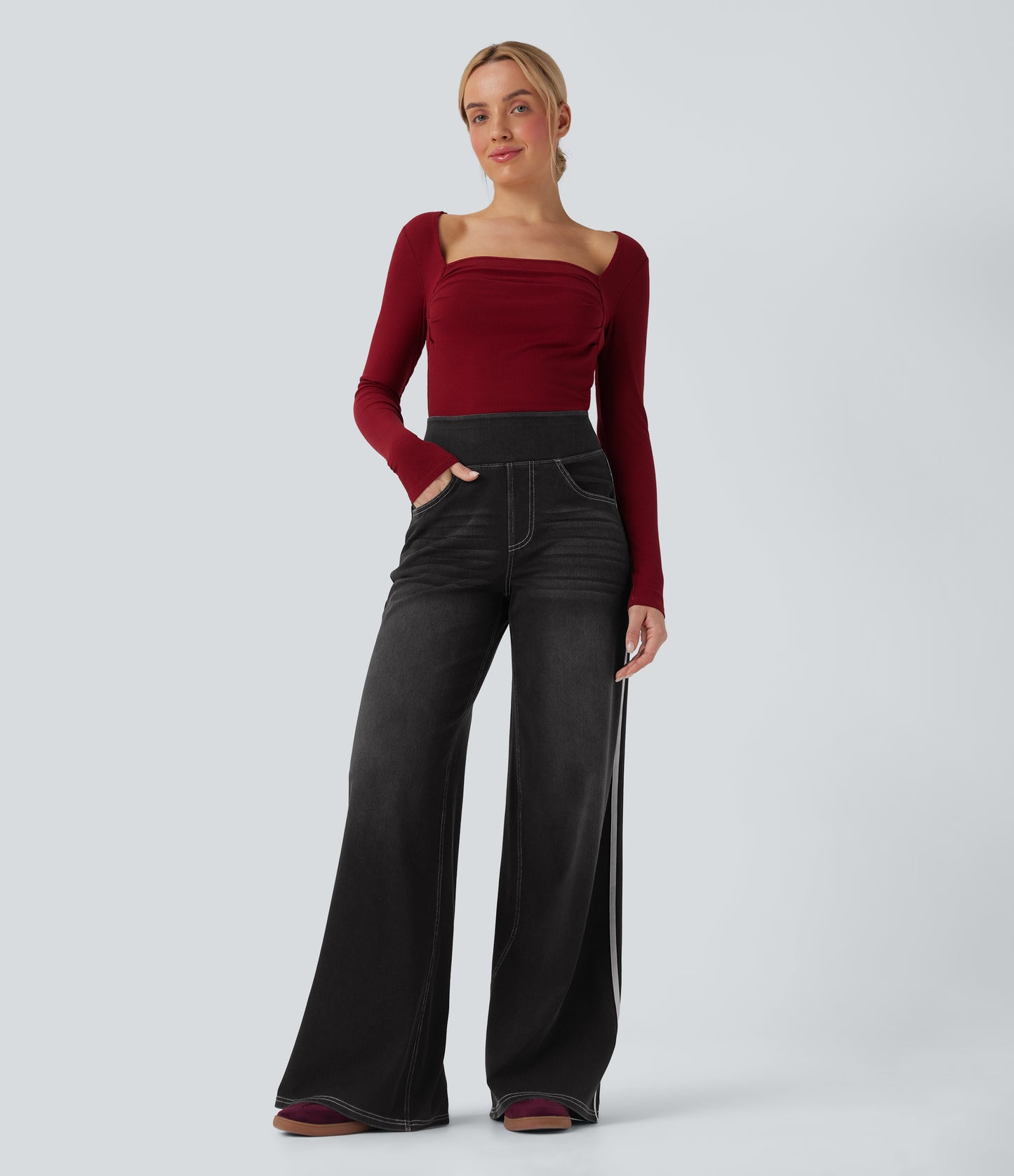 FYsuper-High Waisted Stripe Wide Leg Flowy Washed Casual Jeans with Pockets