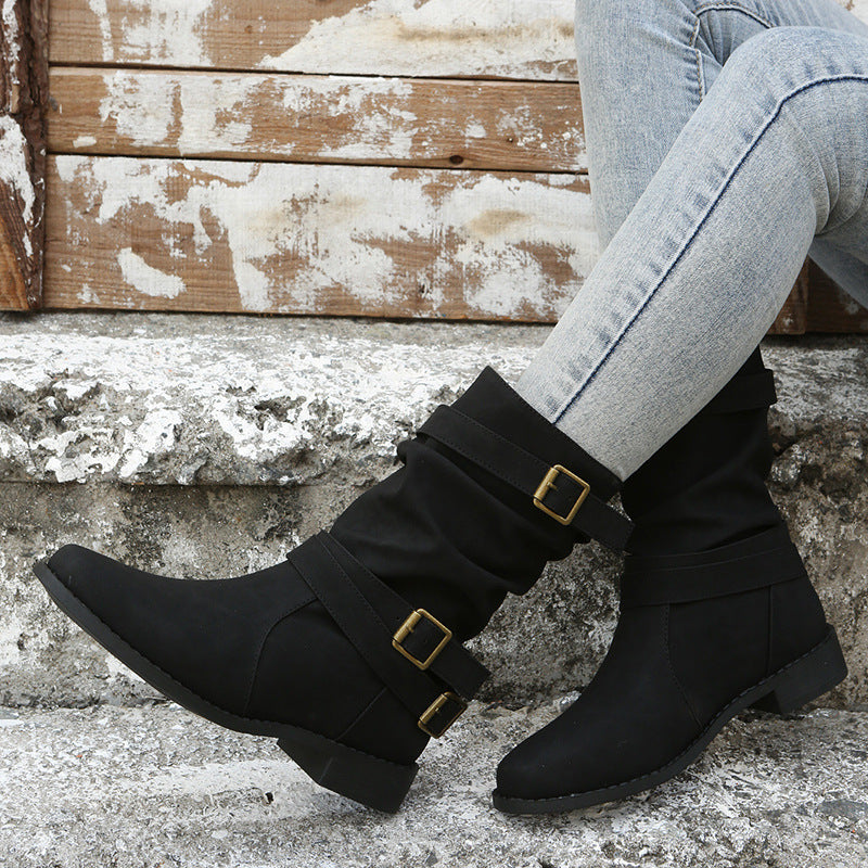 Women's Matte PU Buckle-Detailed Slouch Boots - Crushed Texture Stacked Mid-Calf Flat Boots (US 5-10.5)
