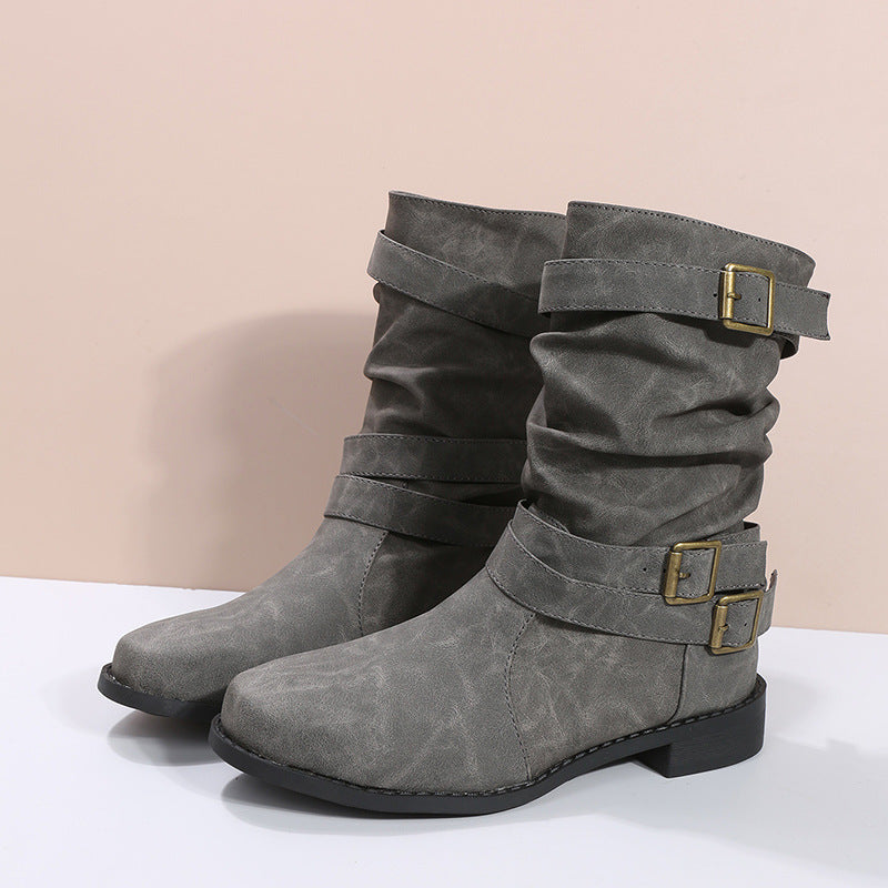 Women's Matte PU Buckle-Detailed Slouch Boots - Crushed Texture Stacked Mid-Calf Flat Boots (US 5-10.5)