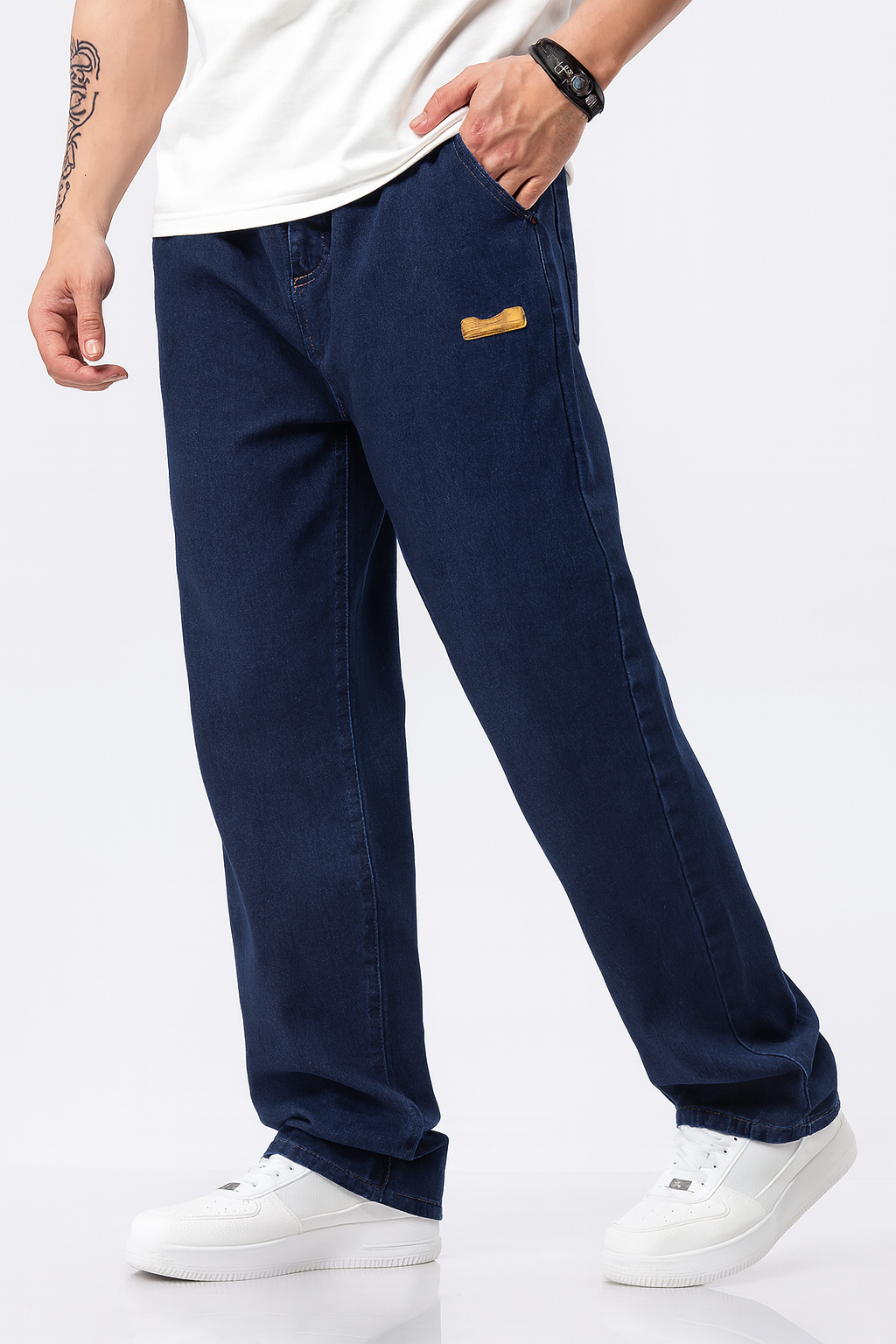 FYsuper Men's Regular Fit Patched Drawstring Waist Jeans