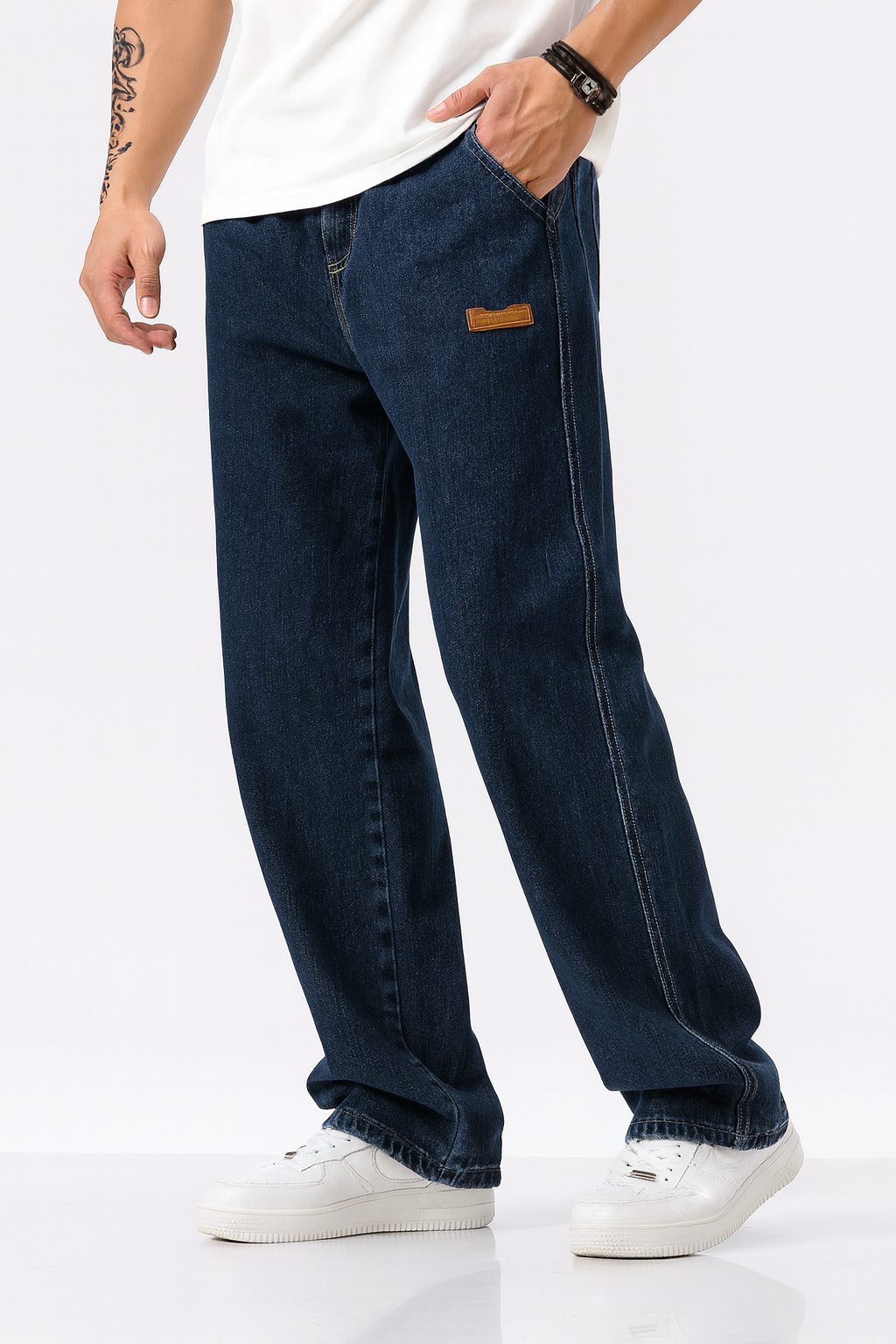 FYsuper Men's Regular Fit Patched Drawstring Waist Jeans