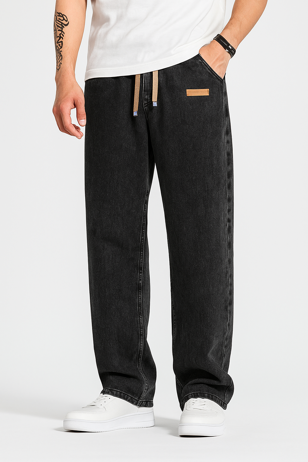 FYsuper Men's Regular Fit Patched Drawstring Waist Jeans