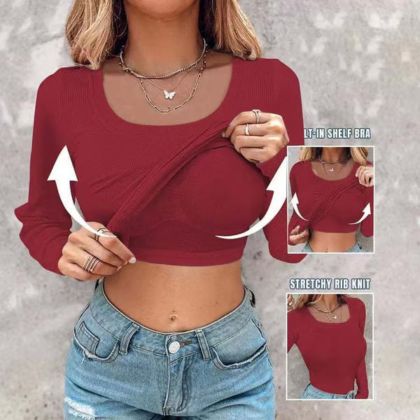 š„Neck Built-in Bra Long Sleeve Ribbed Top Shirts Elegant Skinny Fit Fabricš„
