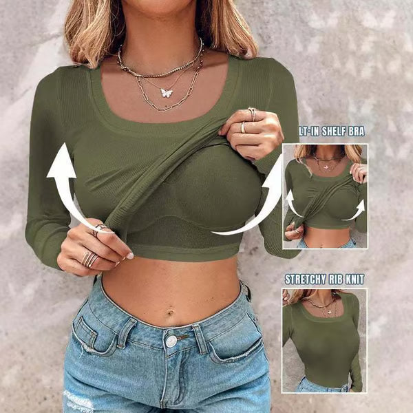 š„Neck Built-in Bra Long Sleeve Ribbed Top Shirts Elegant Skinny Fit Fabricš„