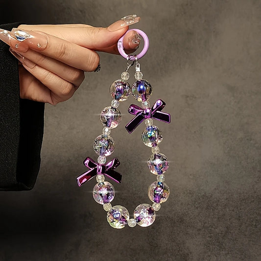 Purple Beaded Lanyard] Elegant Purple Beaded Phone Lanyard with Butterfly Bow Charm | Wrist Strap for Phone Cases, Bags, and Keychains | Perfect Gift Idea for Women