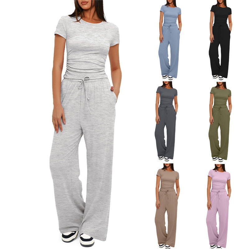 Trendy Queen 2 Piece Matching Summer Sweatsuit Lounge Set Womens Wide Leg Pants Side Ruching Crop Top Sets