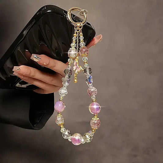 Luxury Butterfly Beaded Phone Wrist Strap with Golden Pearl Accents Handcrafted Mobile Lanyard Keychain Elegant Smartphone Accessory with Transparent Clip