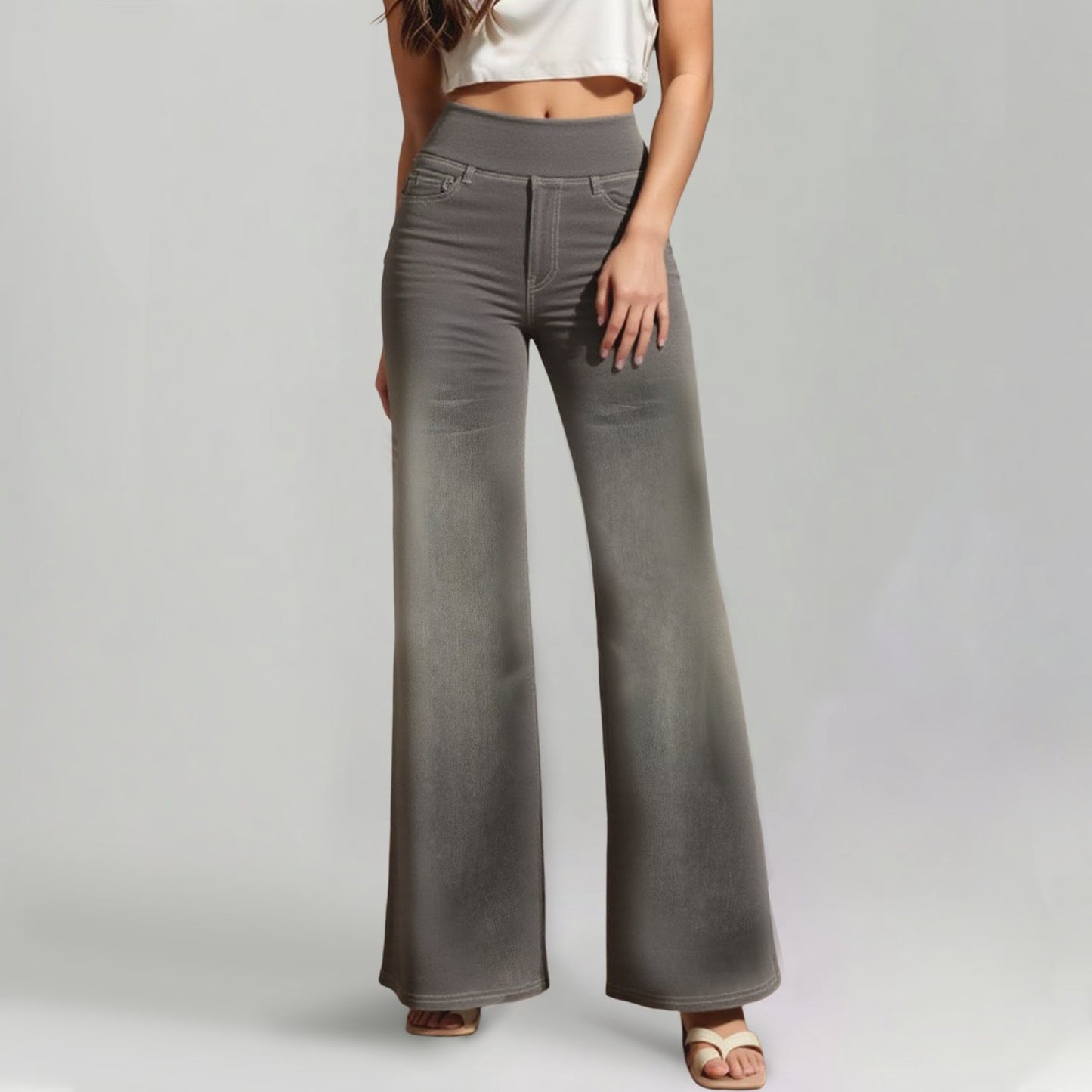 🔥 [Buy 2 Free Shipping] - Plus Size High Waist Comfy Stretch Knit Wide Leg Jeans with Multiple Pockets