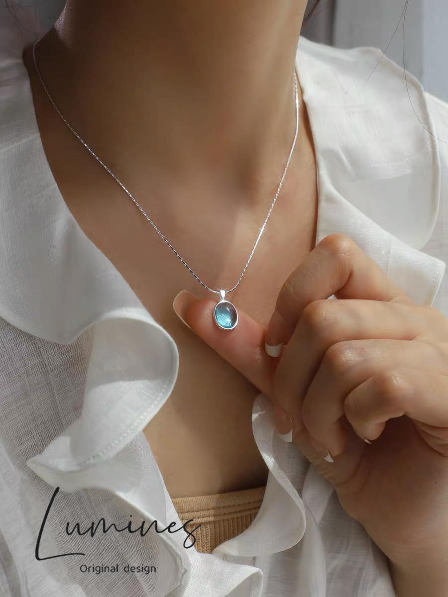 925 silver summer limited sea blue necklace female 925 sterling silver ins teardrop pendant snake bone chain
