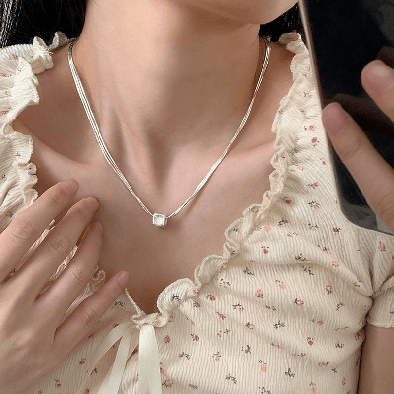 925 silver frosted cube multi-layer snake bone chain ins design cool necklace clavicle chain