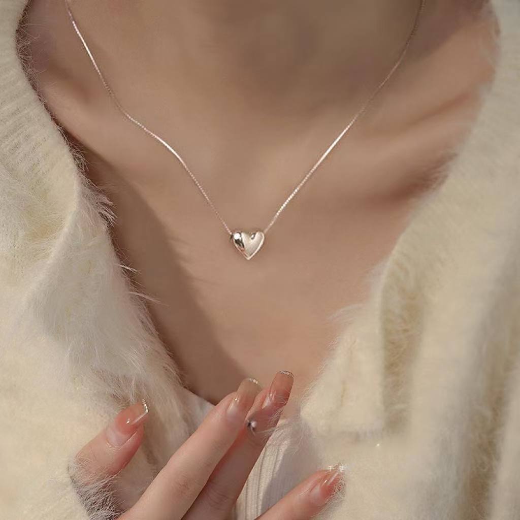 925 Necklace Brushed Small Heart Necklace Simple Design Same Style All-match Extremely Thin Clavicle Chain