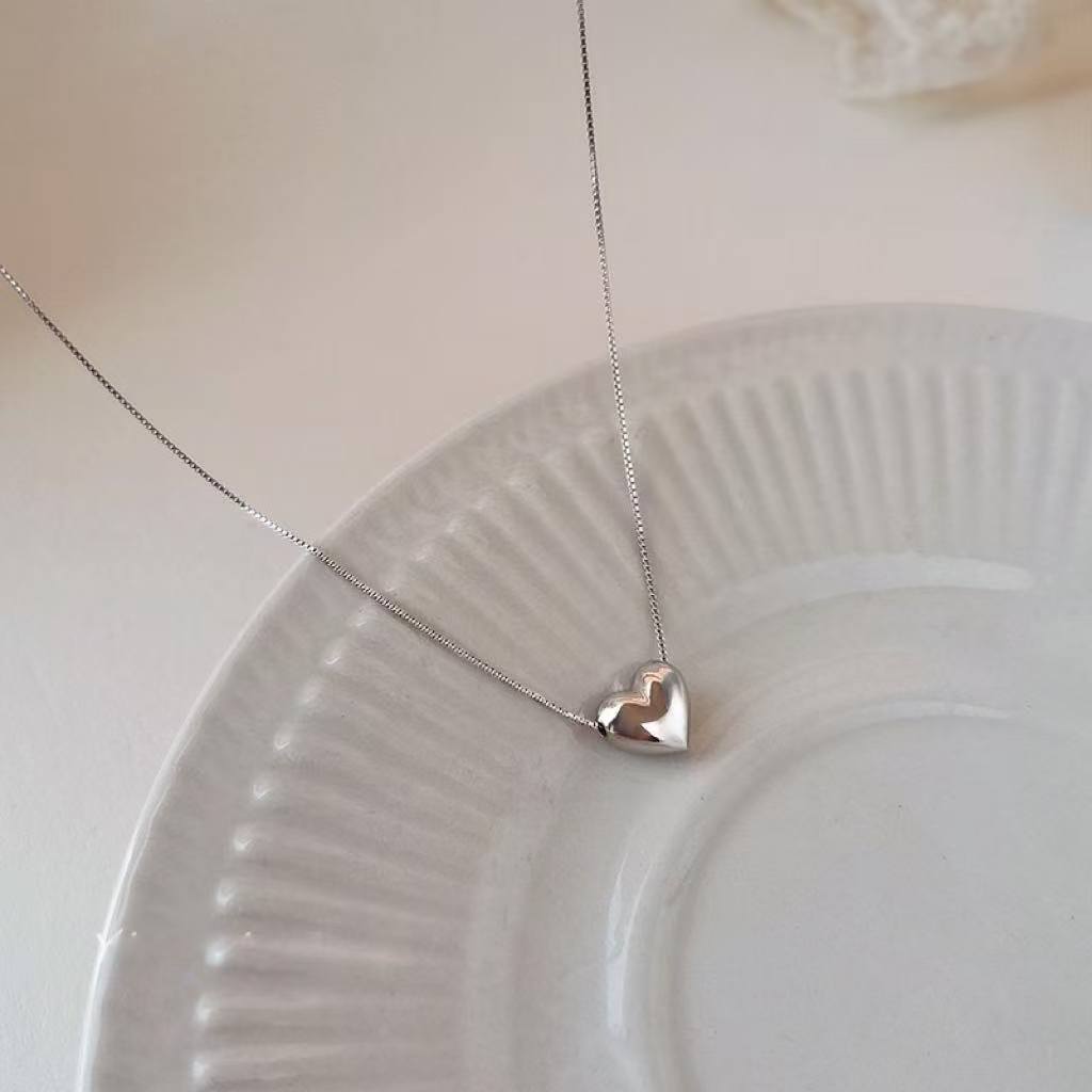 925 Necklace Brushed Small Heart Necklace Simple Design Same Style All-match Extremely Thin Clavicle Chain