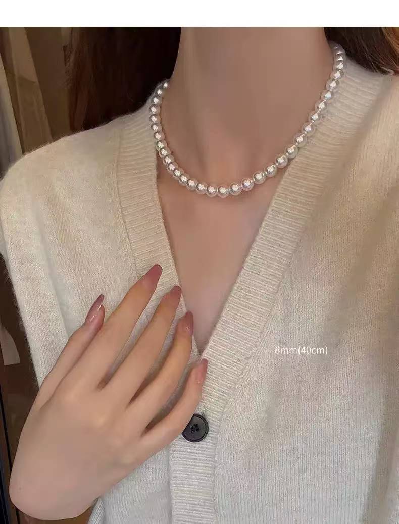 Copper alloy imitation pearl necklace Pearl necklace round highlight niche high-end sweater chain