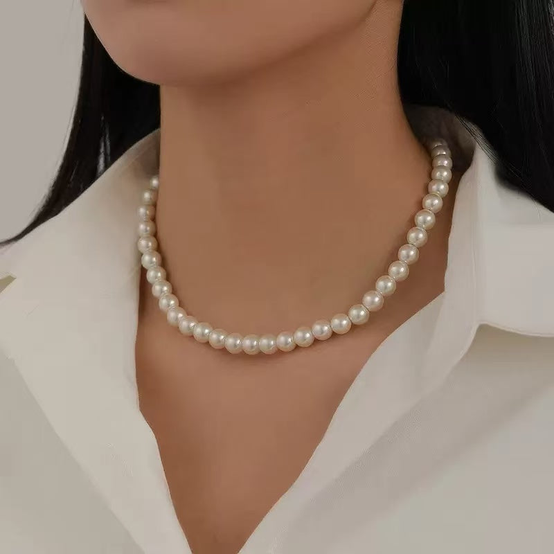 Copper alloy imitation pearl necklace Pearl necklace round highlight niche high-end sweater chain