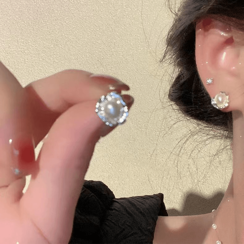 Pure silver pearl earrings s925 lava earrings for women French style simple light luxury high-end temperament versatile texture earrings