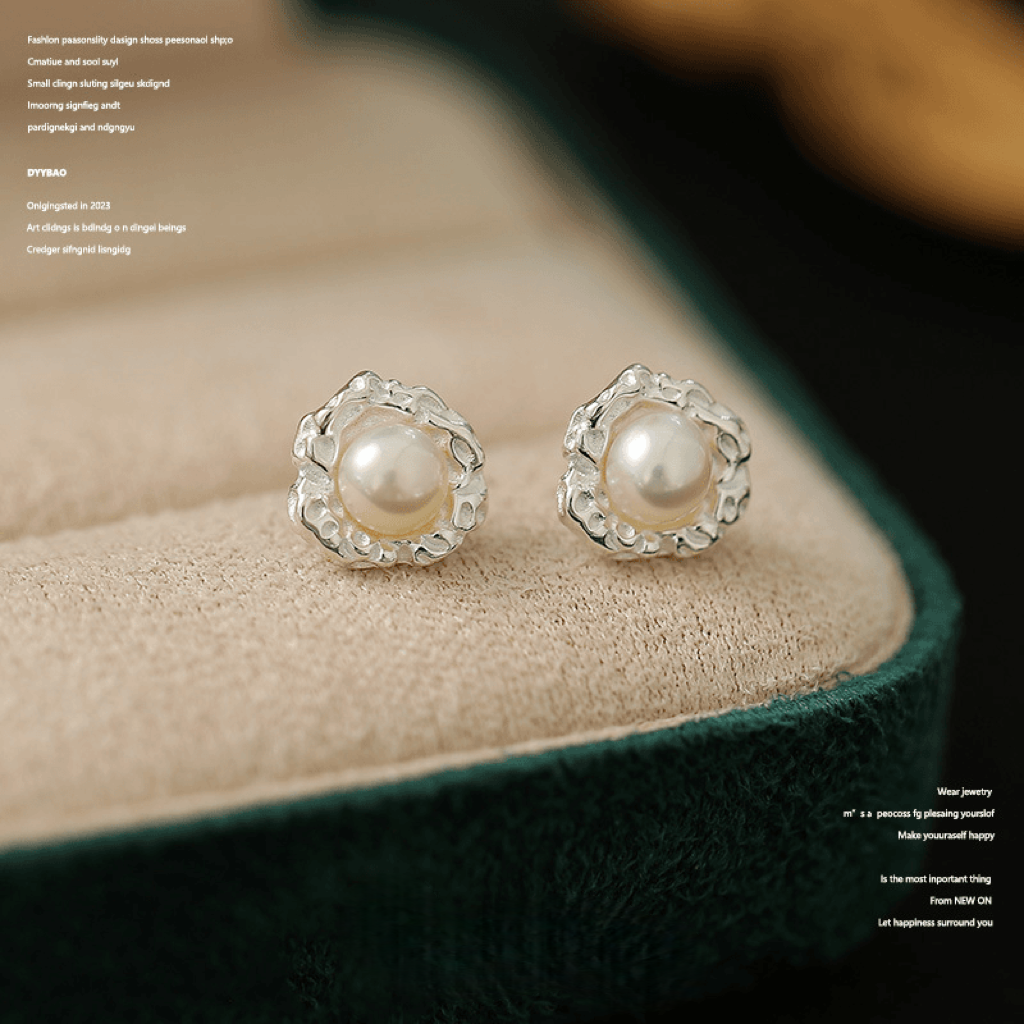 Pure silver pearl earrings s925 lava earrings for women French style simple light luxury high-end temperament versatile texture earrings