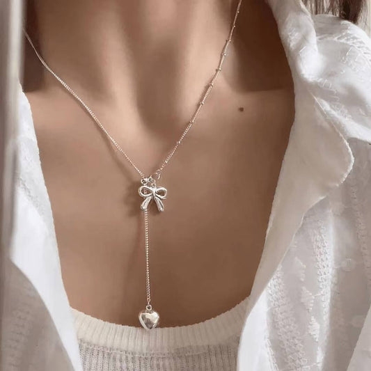 925 silver Korean style pull-out bow tassel necklace 2025 new style simple light luxury versatile niche high-end