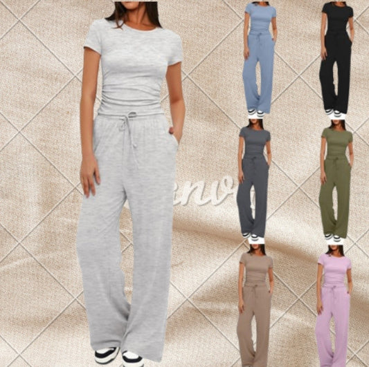 Trendy Queen 2 Piece Matching Summer Sweatsuit Lounge Set Womens Wide Leg Pants Side Ruching Crop Top Sets