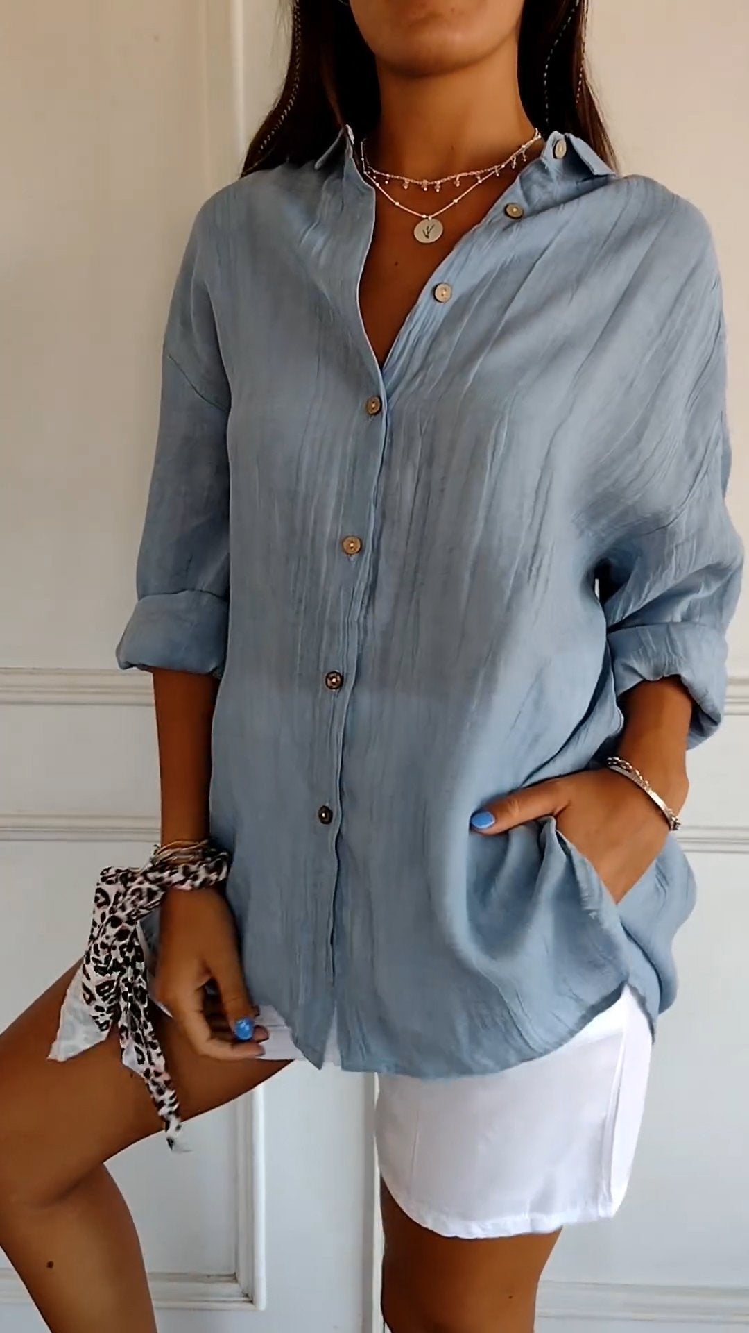 ✨Women's Casual Single-Breasted Pleated Lapel Shirt