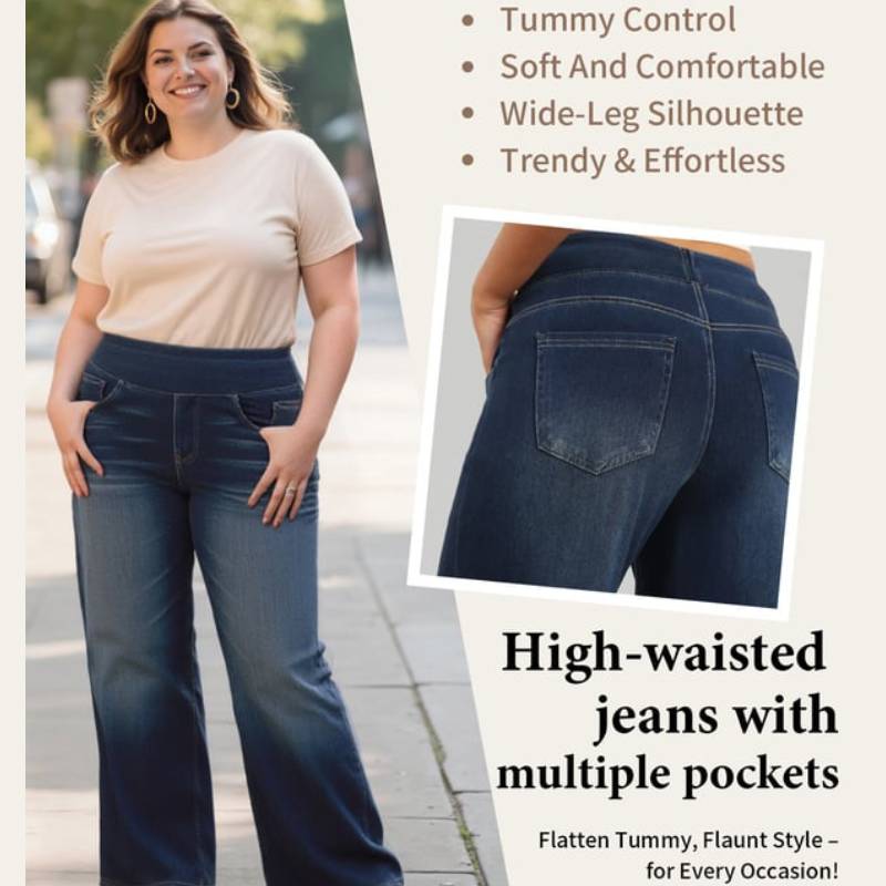 🔥 [Buy 2 Free Shipping] - Plus Size High Waist Comfy Stretch Knit Wide Leg Jeans with Multiple Pockets