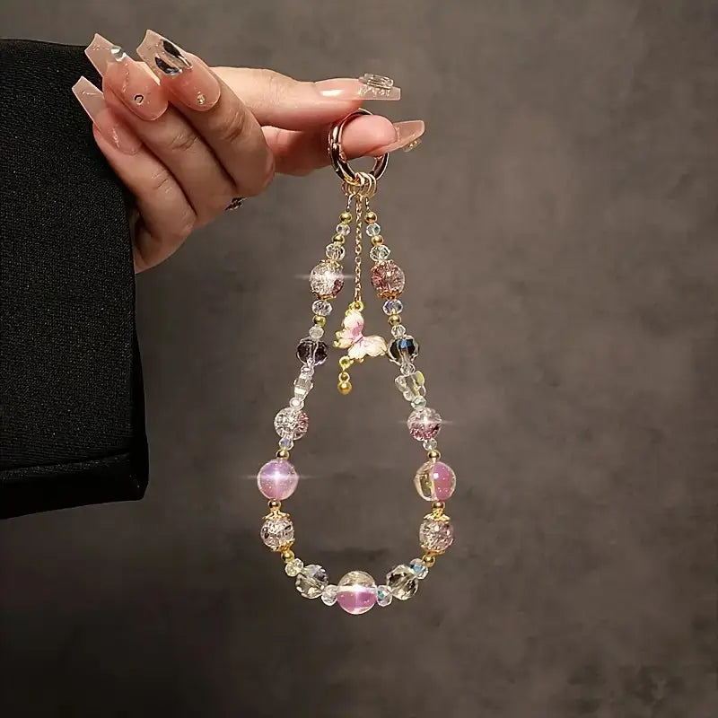 Luxury Butterfly Beaded Phone Wrist Strap with Golden Pearl Accents Handcrafted Mobile Lanyard Keychain Elegant Smartphone Accessory with Transparent Clip